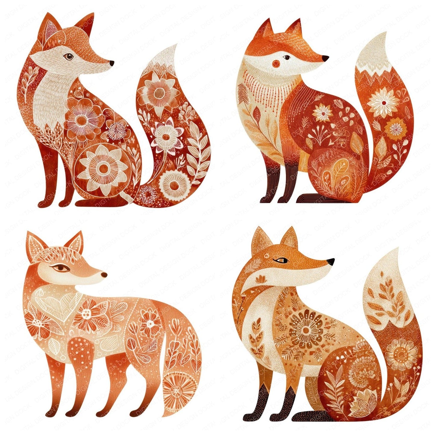 Folk Art Fox Clipart Set (DDD005490)