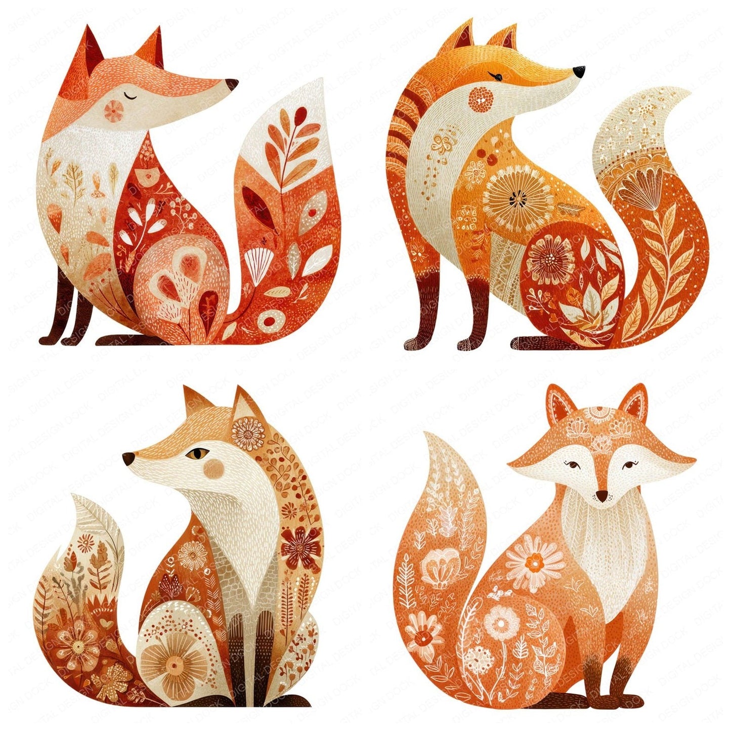 Folk Art Fox Clipart Set (DDD005490)