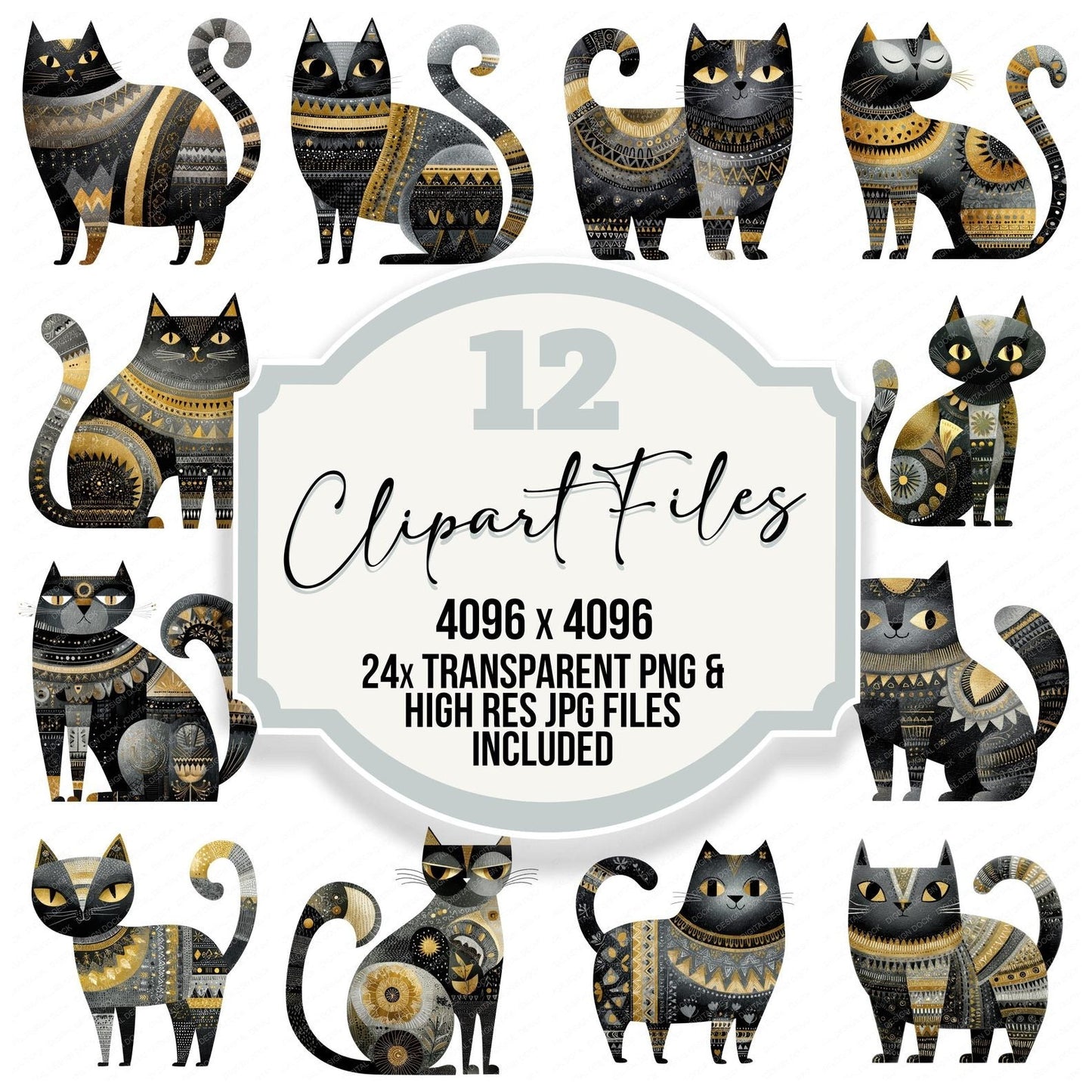 Folk Art Halloween Cat Clipart Set (DDD005493)
