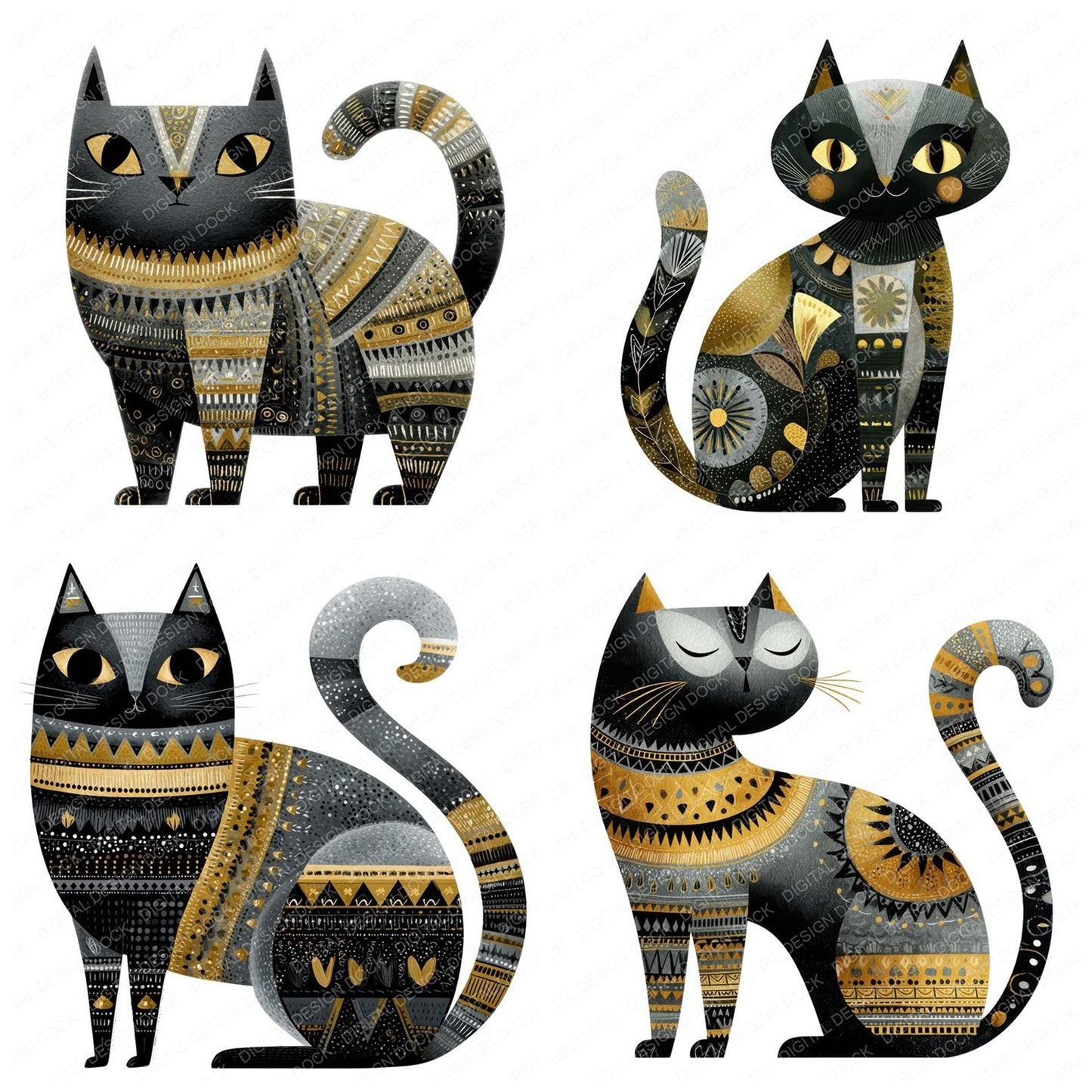 Folk Art Halloween Cat Clipart Set (DDD005493)