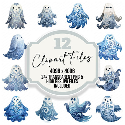 Folk Art Halloween Ghost clipart set cover showing the designs and file details