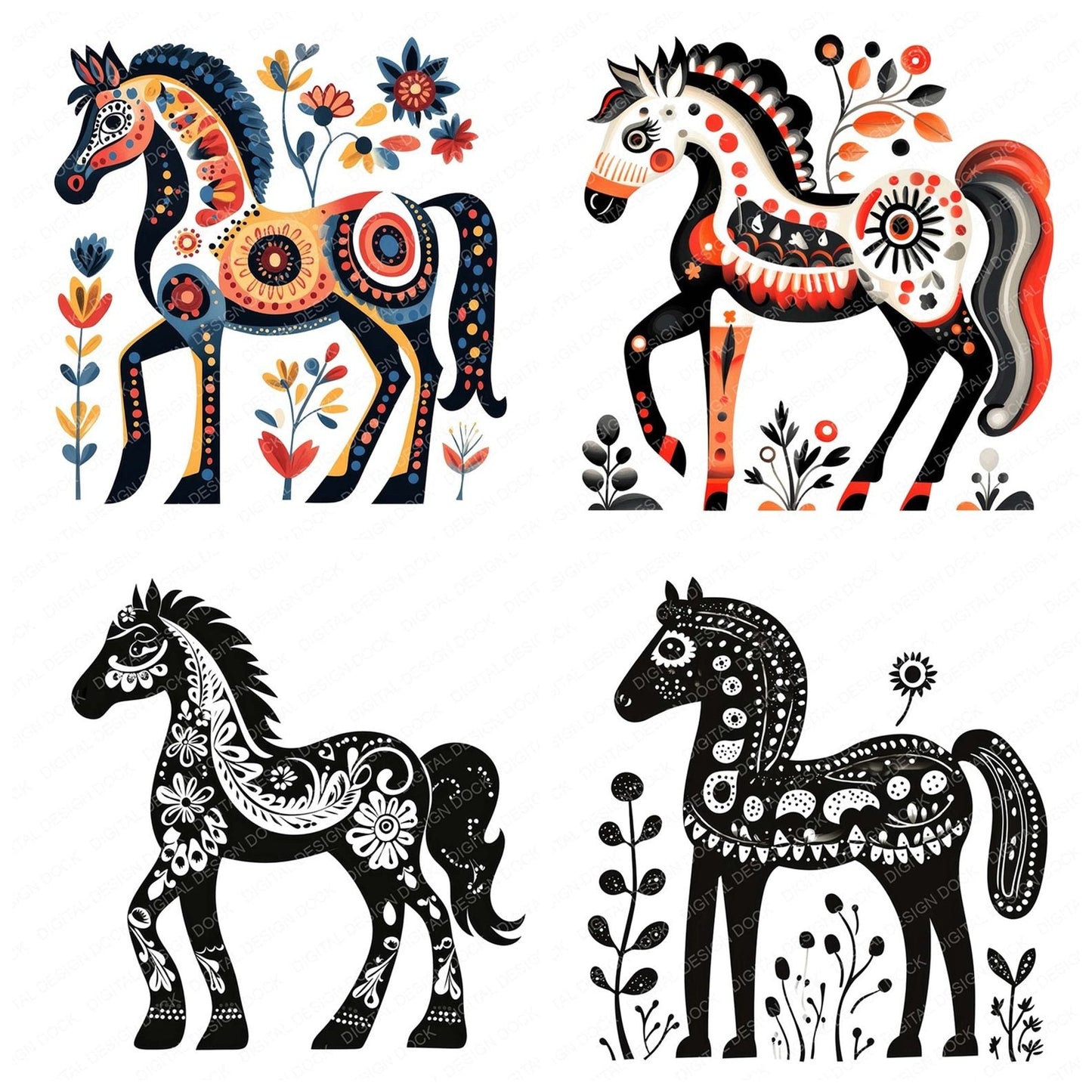 Folk Art Horse Clipart Set (DDD005506)