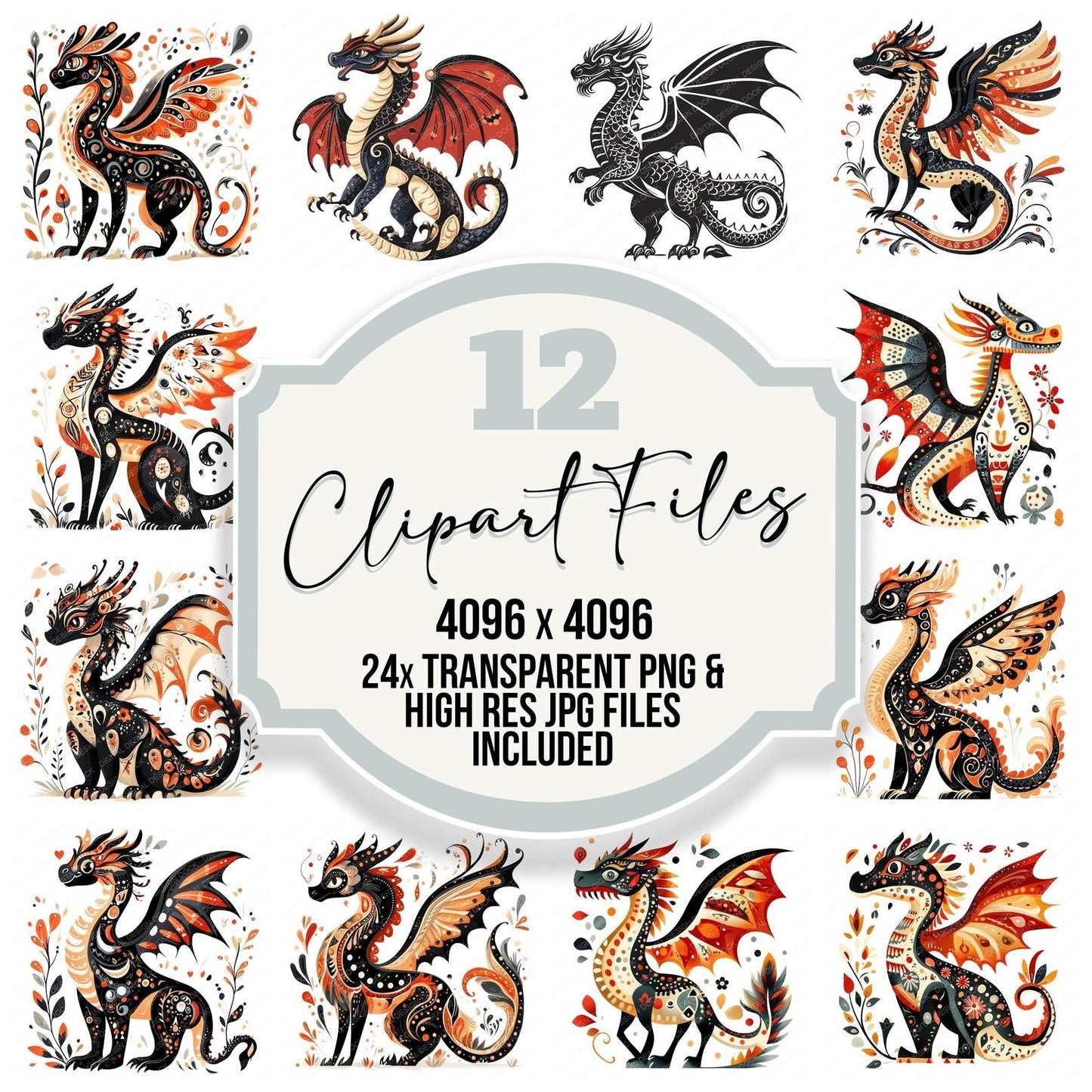 Folk Art Medieval Dragon Clipart Set (DDD005515)