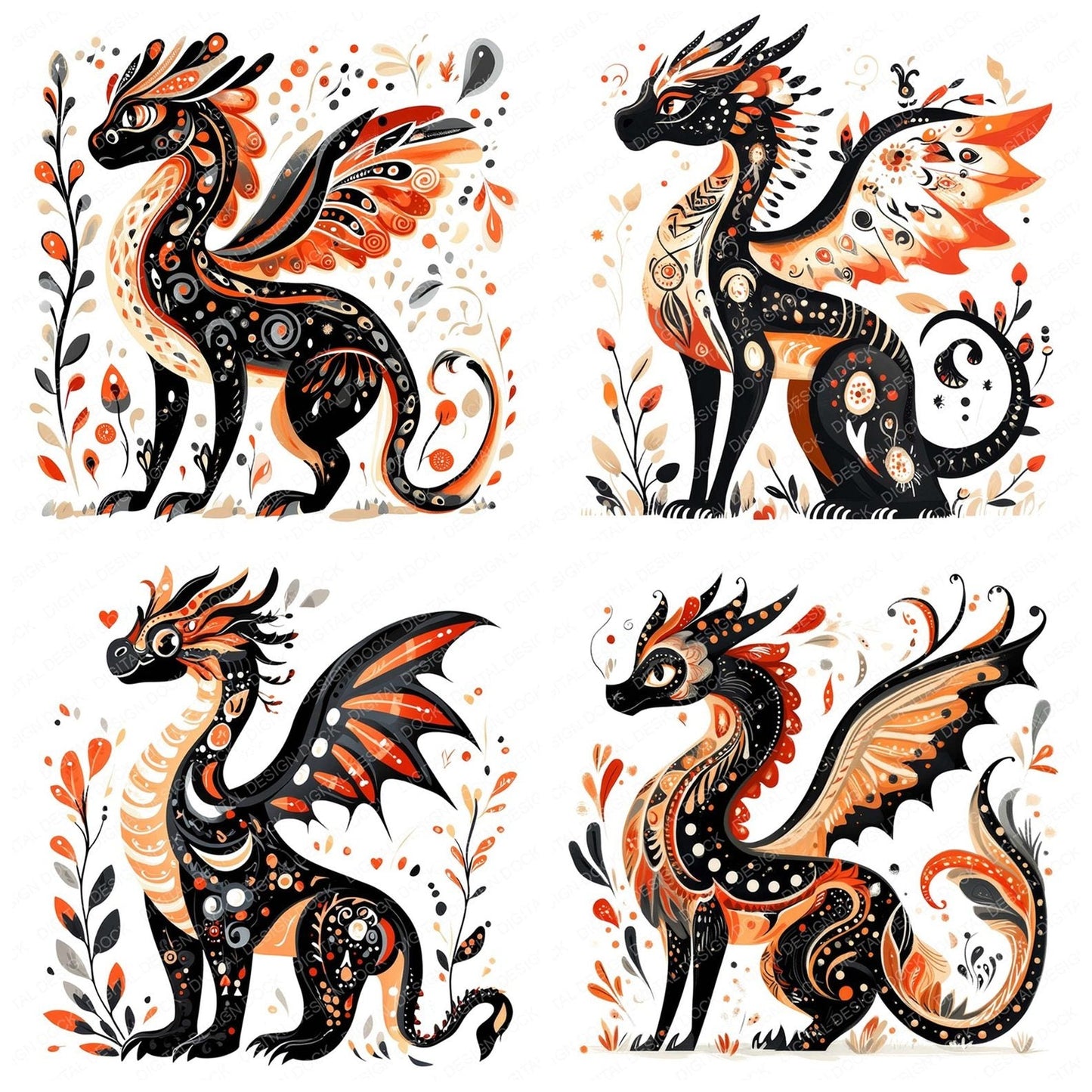 Folk Art Medieval Dragon Clipart Set (DDD005515)