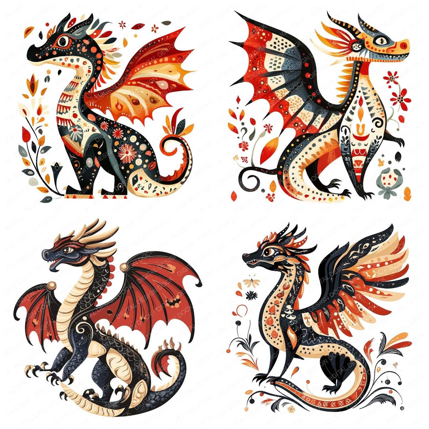Folk Art Medieval Dragon Clipart Set (DDD005515)