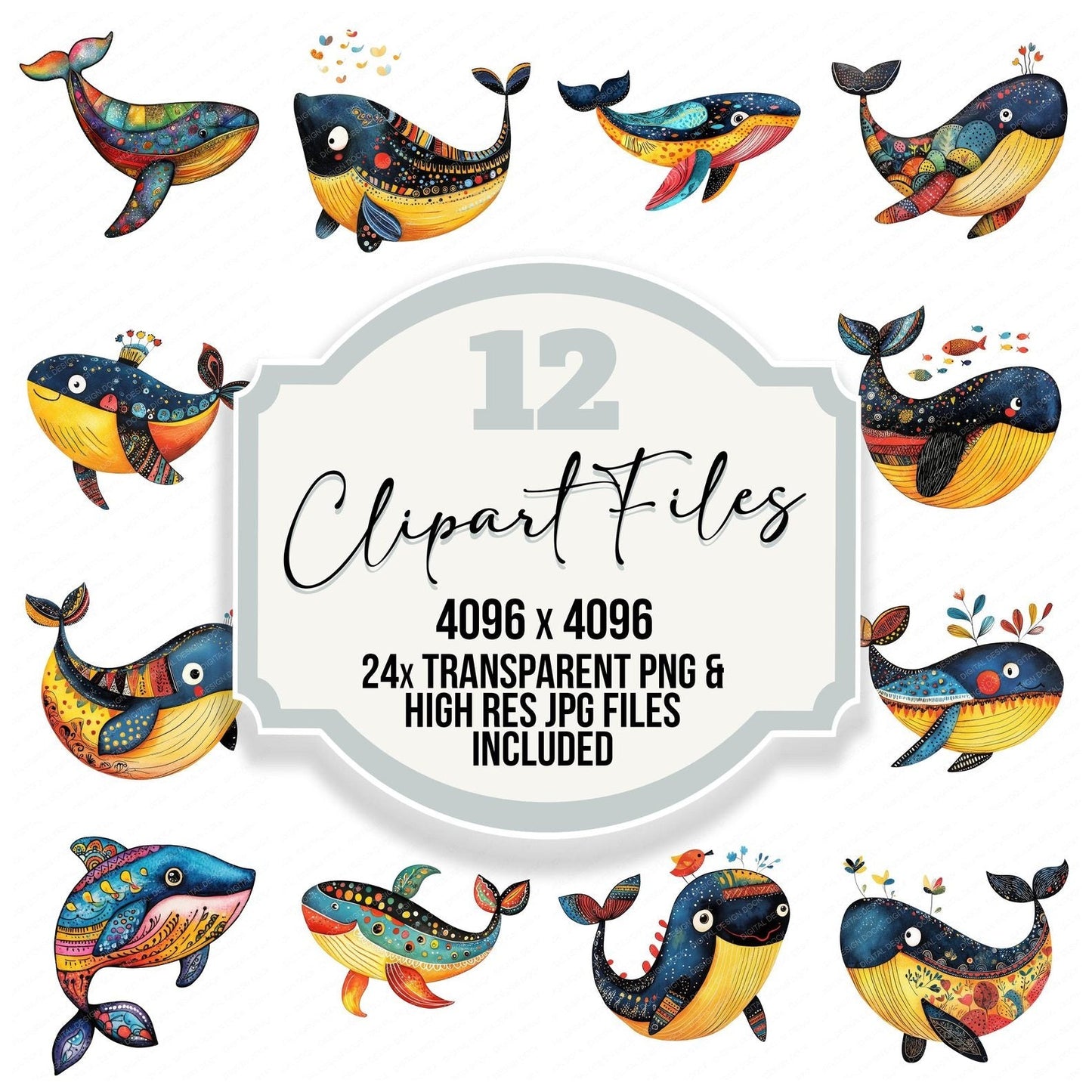 Folk Art Nursery Whale Clipart Set (DDD005517)