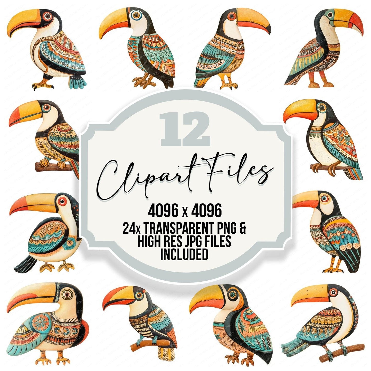 Folk Art Patterned Toucan Clipart Set (DDD005519)