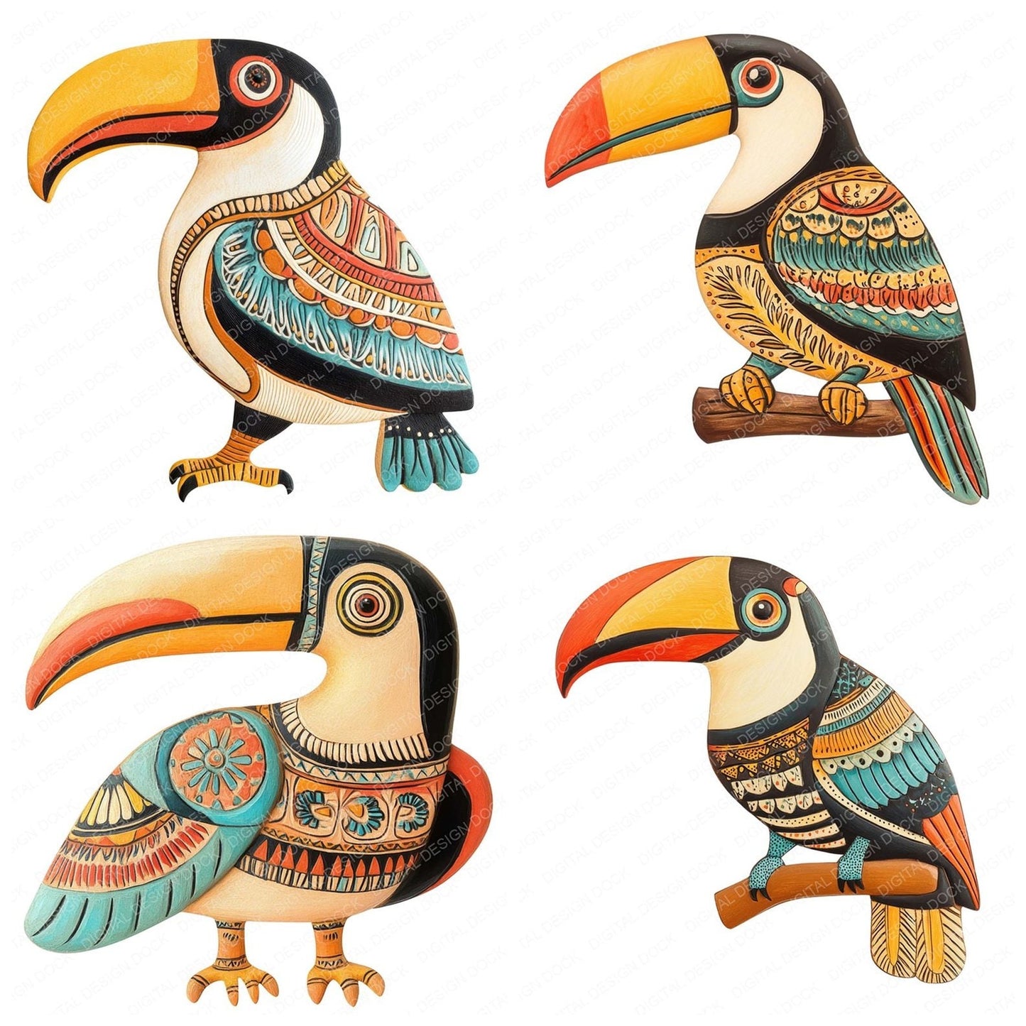 Folk Art Patterned Toucan Clipart Set (DDD005519)