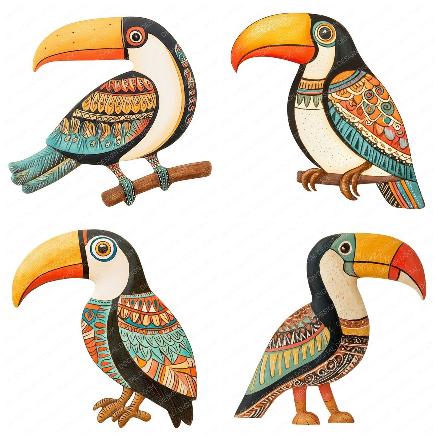 Folk Art Patterned Toucan Clipart Set (DDD005519)