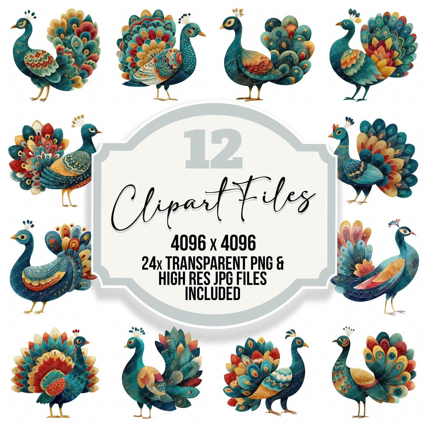 Folk Art Peacock Clipart Set (DDD005520)