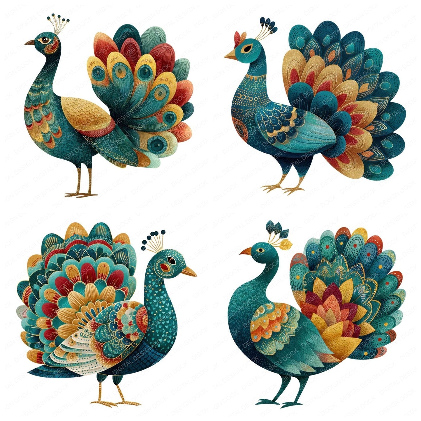 Folk Art Peacock Clipart Set (DDD005520)