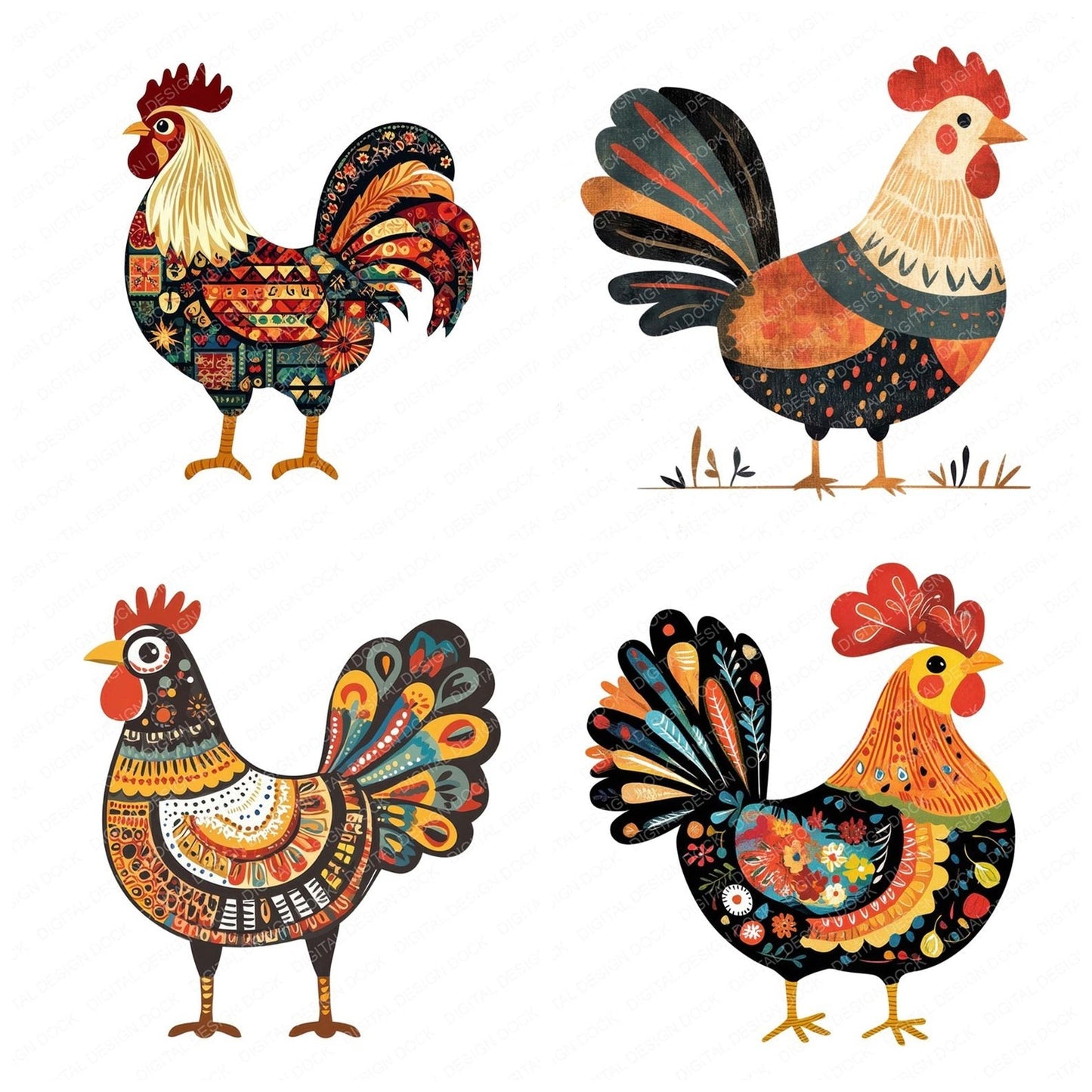 Folk Art Rooster Clipart Set (DDD005522)
