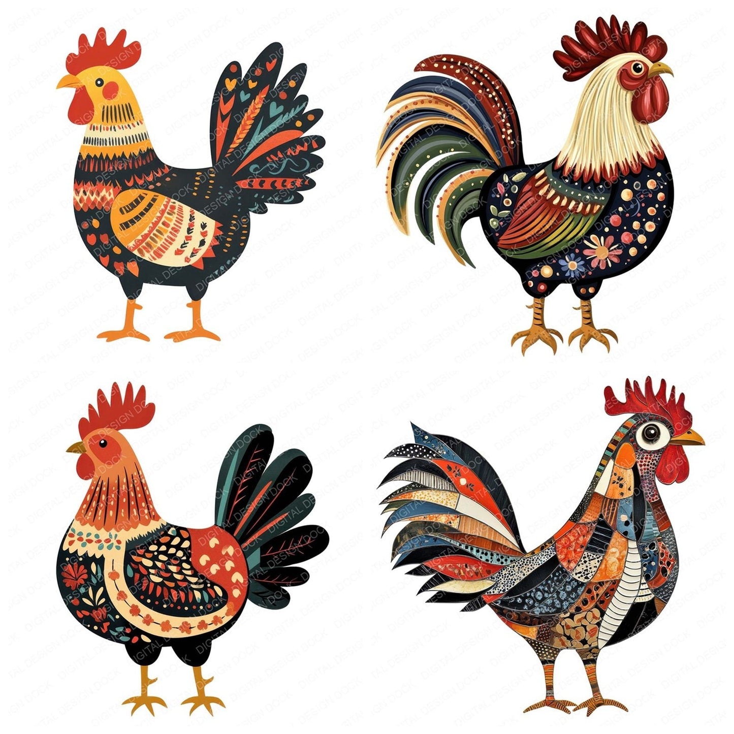 Folk Art Rooster Clipart Set (DDD005522)