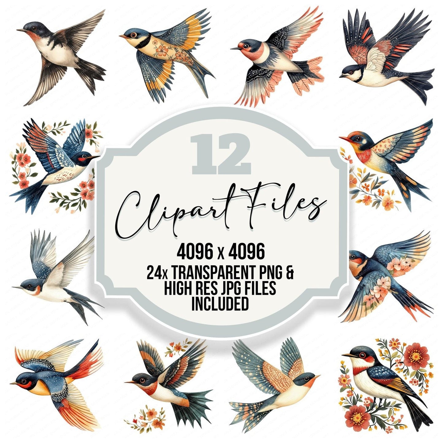 Folk Art Swallow Bird Clipart Set (DDD005531)