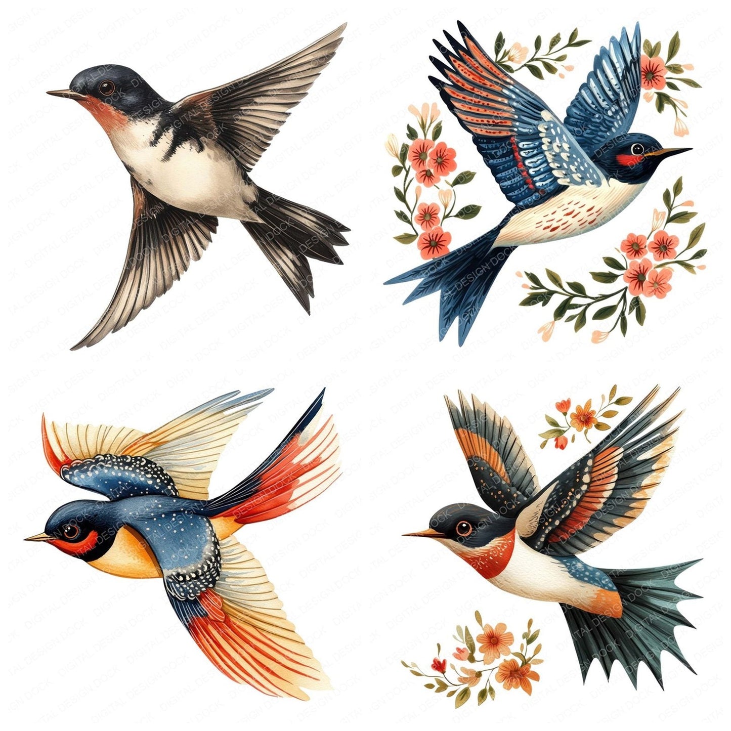 Folk Art Swallow Bird Clipart Set (DDD005531)