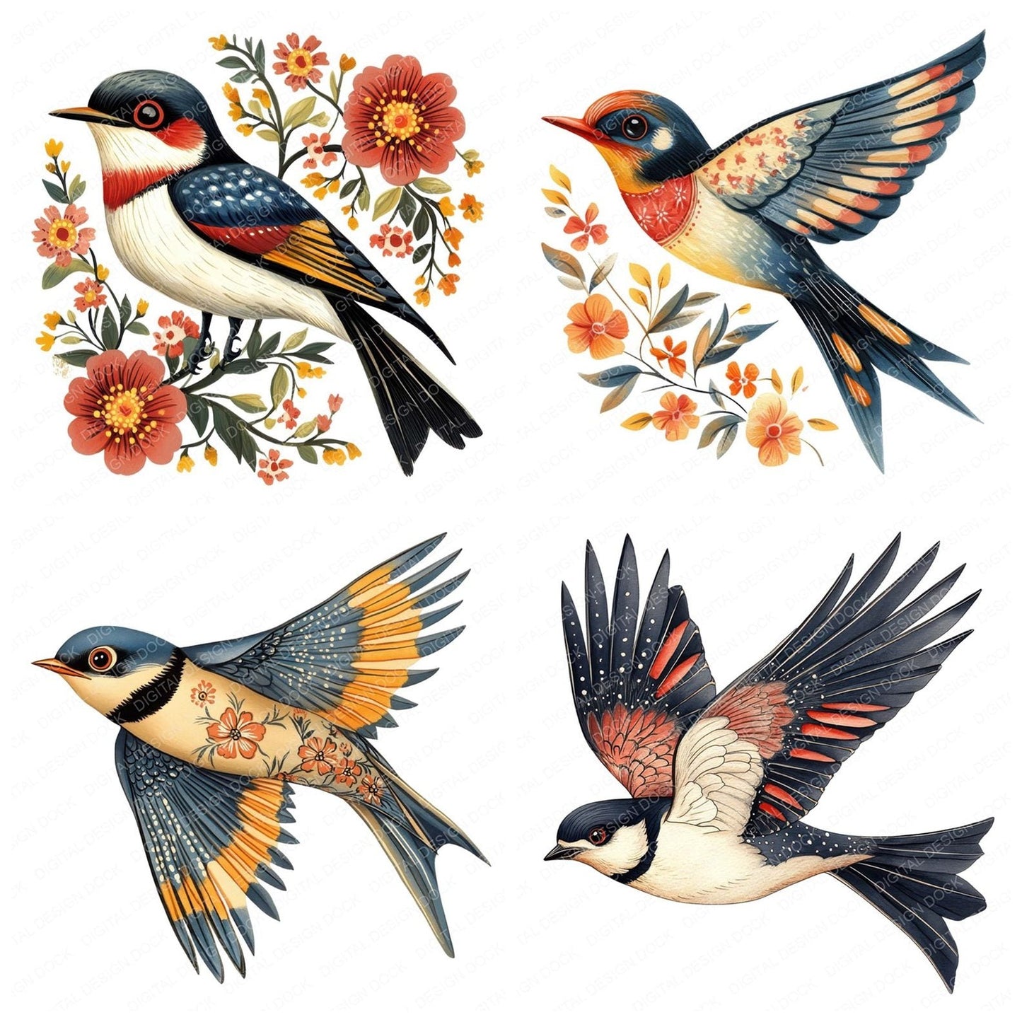 Folk Art Swallow Bird Clipart Set (DDD005531)