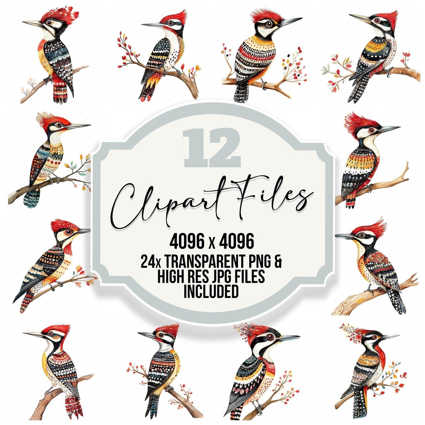 Folk Art Woodpecker Clipart Set (DDD005538)
