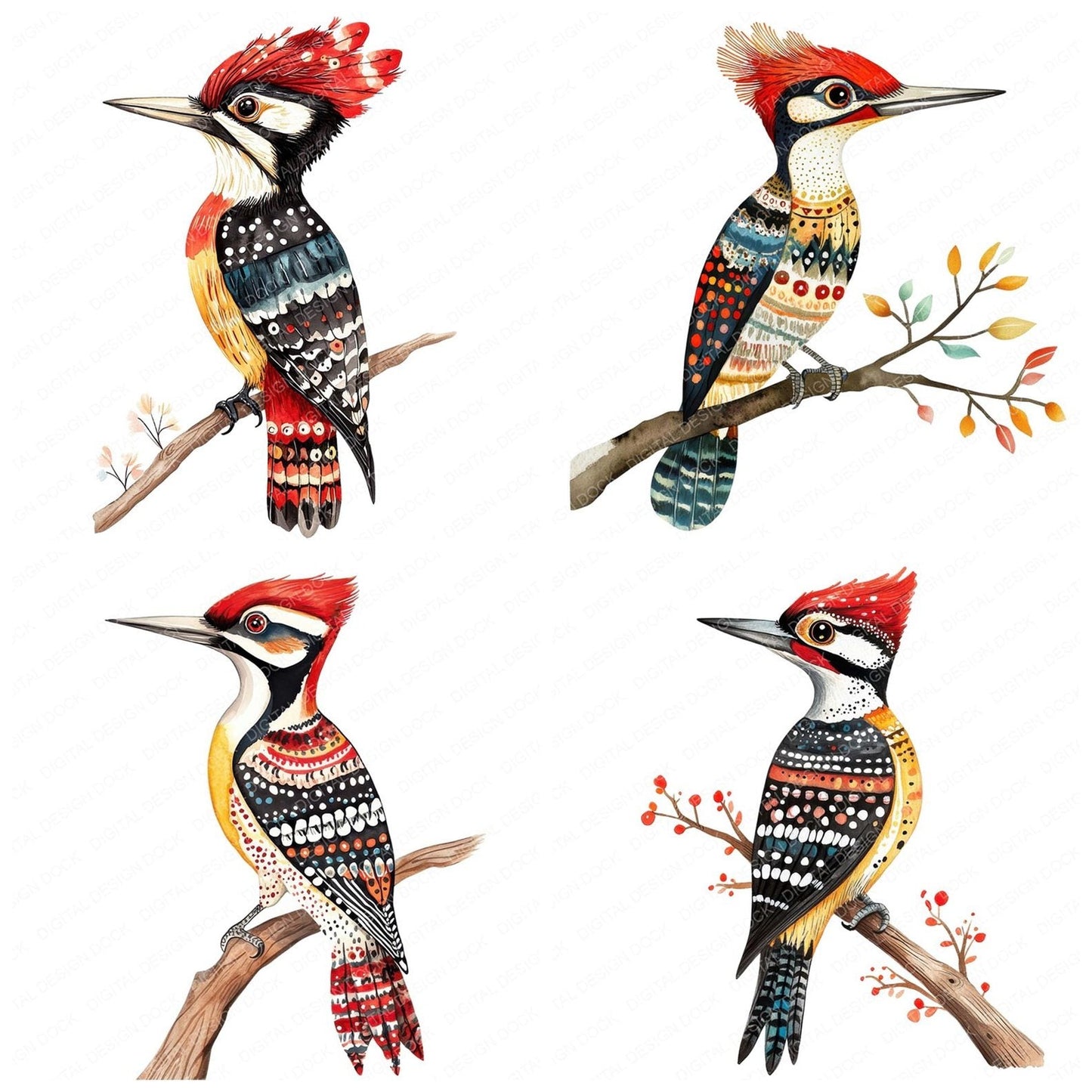Folk Art Woodpecker Clipart Set (DDD005538)