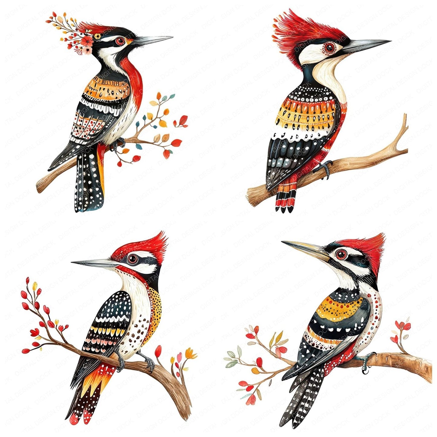 Folk Art Woodpecker Clipart Set (DDD005538)