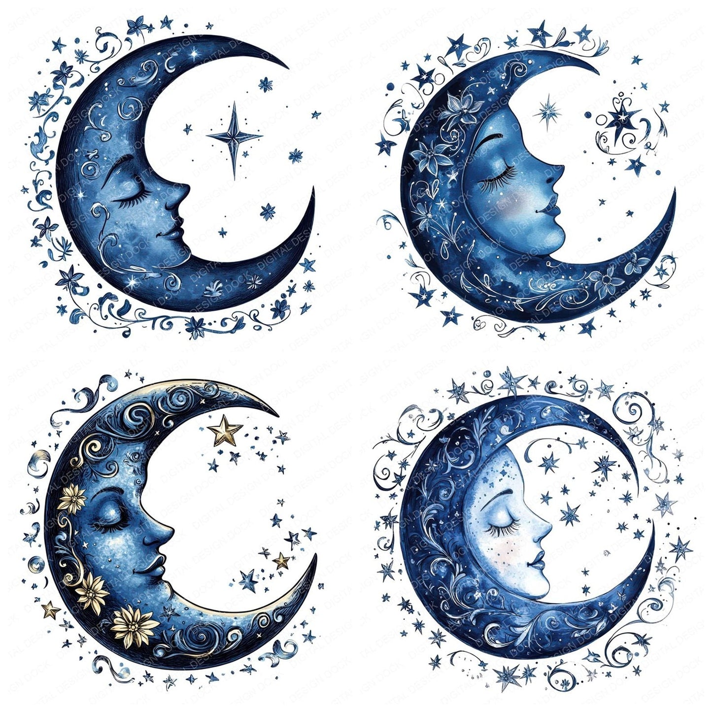 Folk Crescent Moon Face Clipart Set (DDD005552)