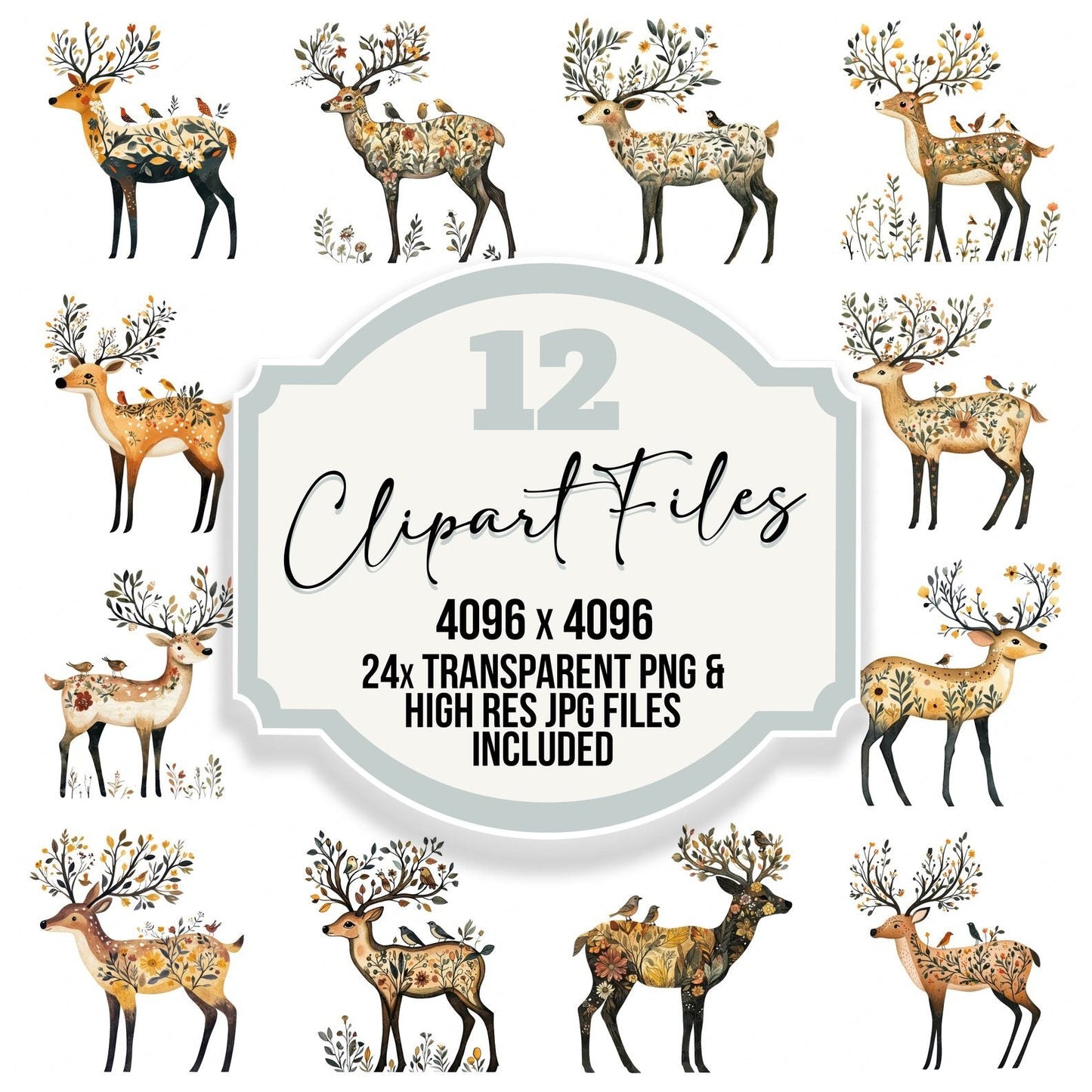 Folk Deer with Florals Clipart Set (DDD005557)