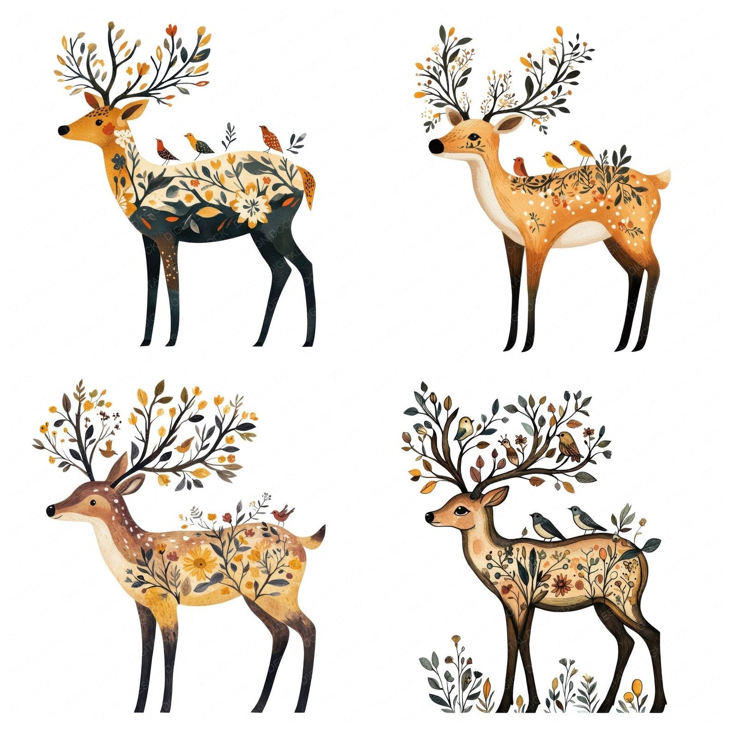 Folk Deer with Florals Clipart Set (DDD005557)