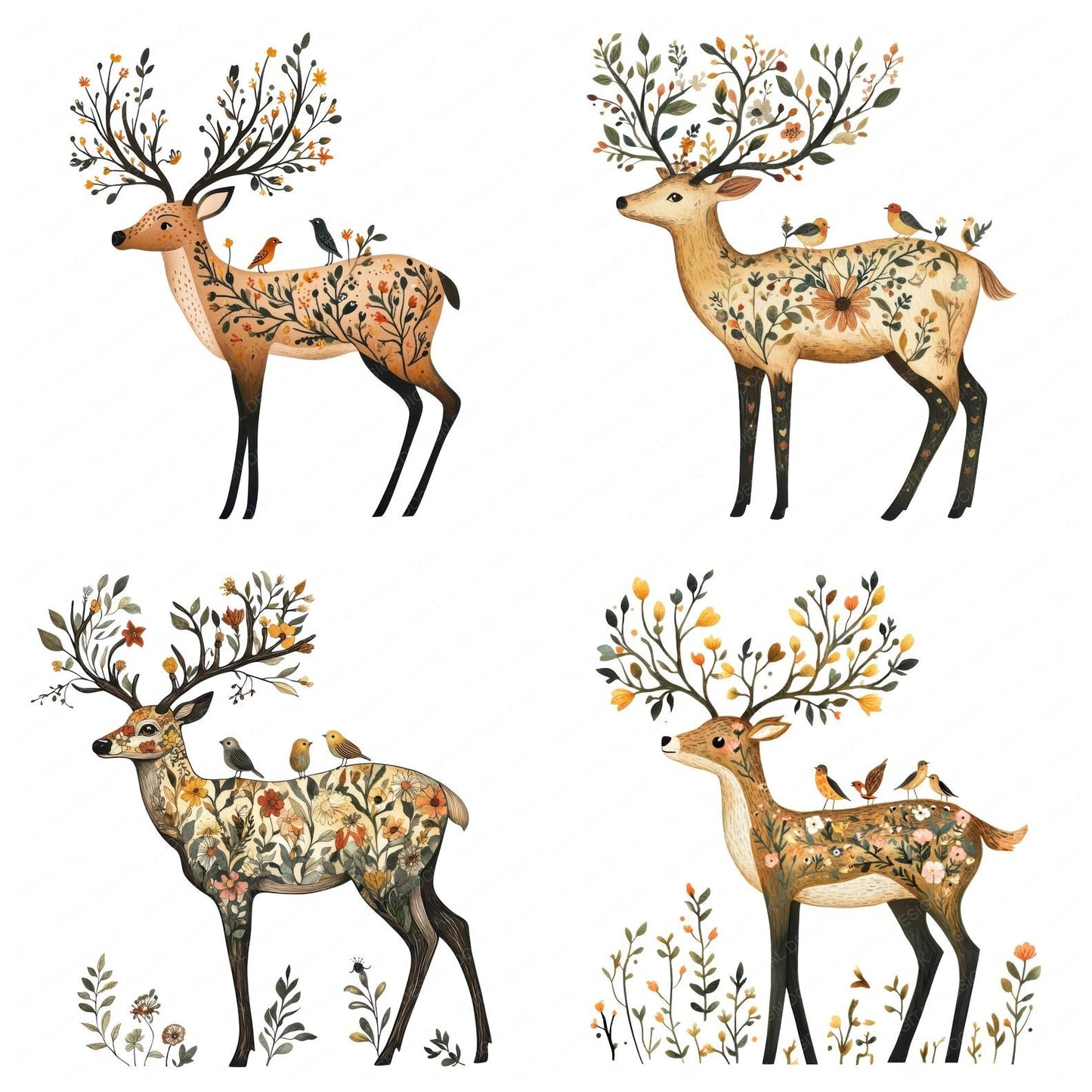 Folk Deer with Florals Clipart Set (DDD005557)