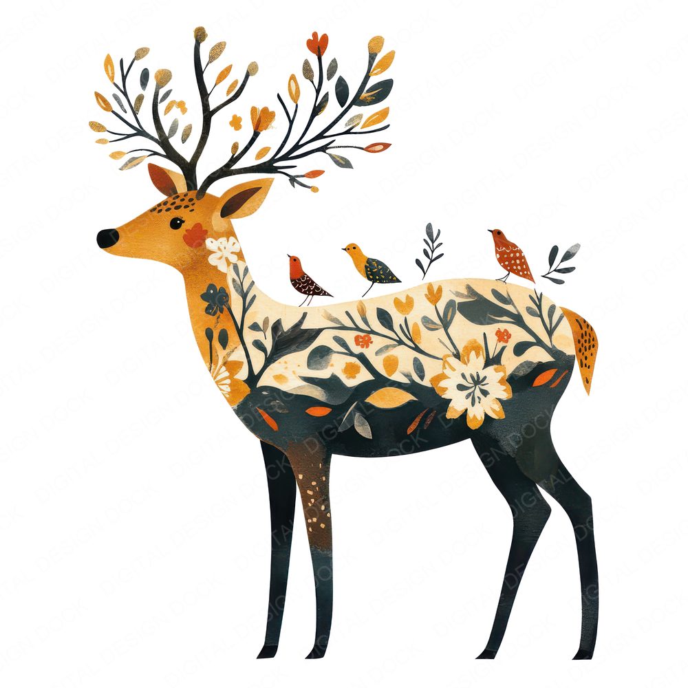 Folk Deer with Florals Clipart Set (DDD005557)