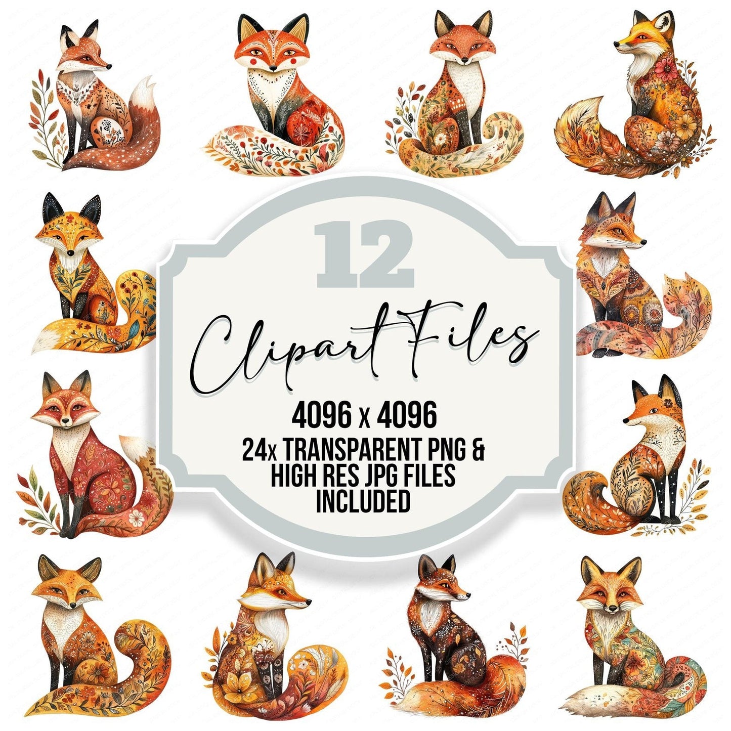 Folk Floral Fox Clipart Set (DDD005559)