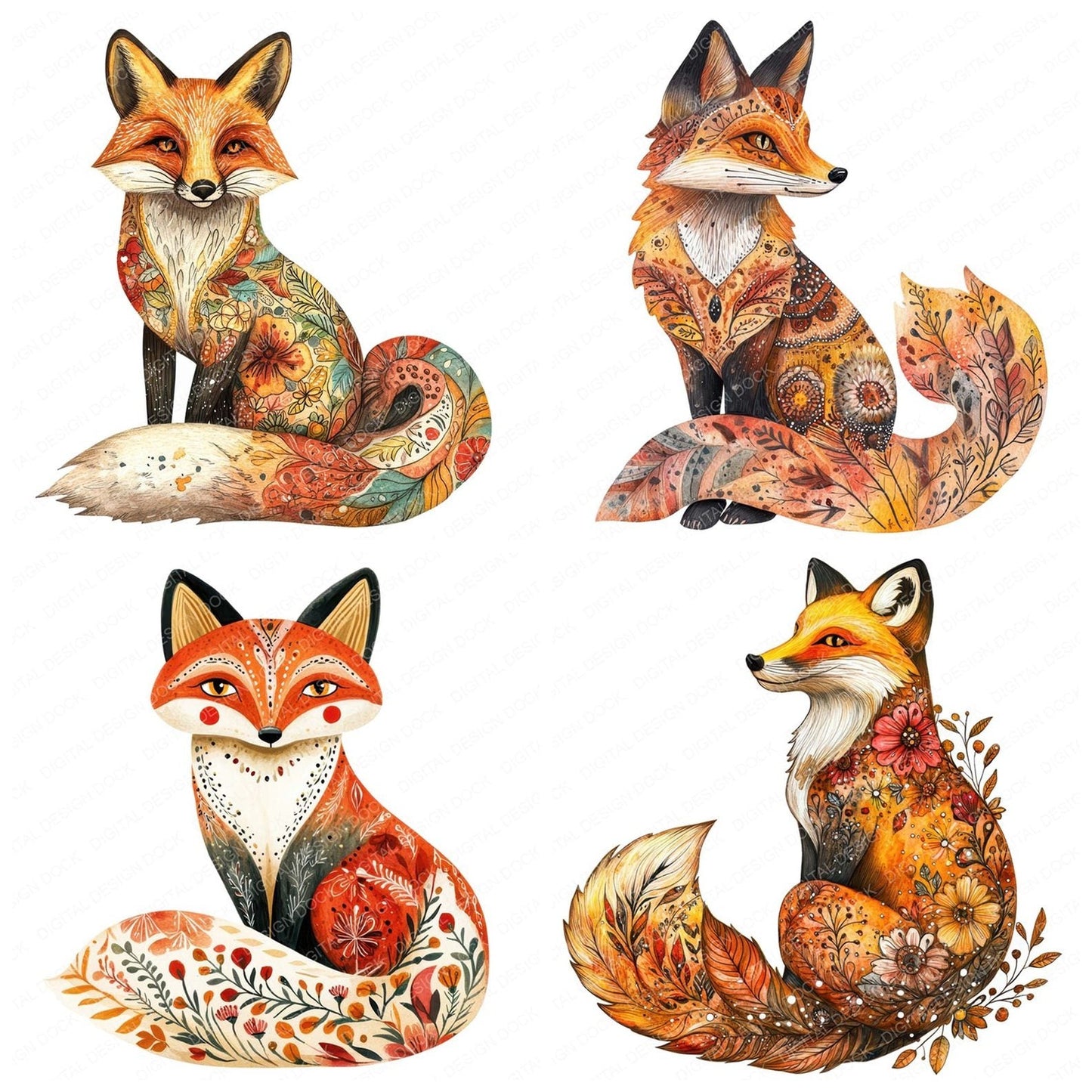 Folk Floral Fox Clipart Set (DDD005559)