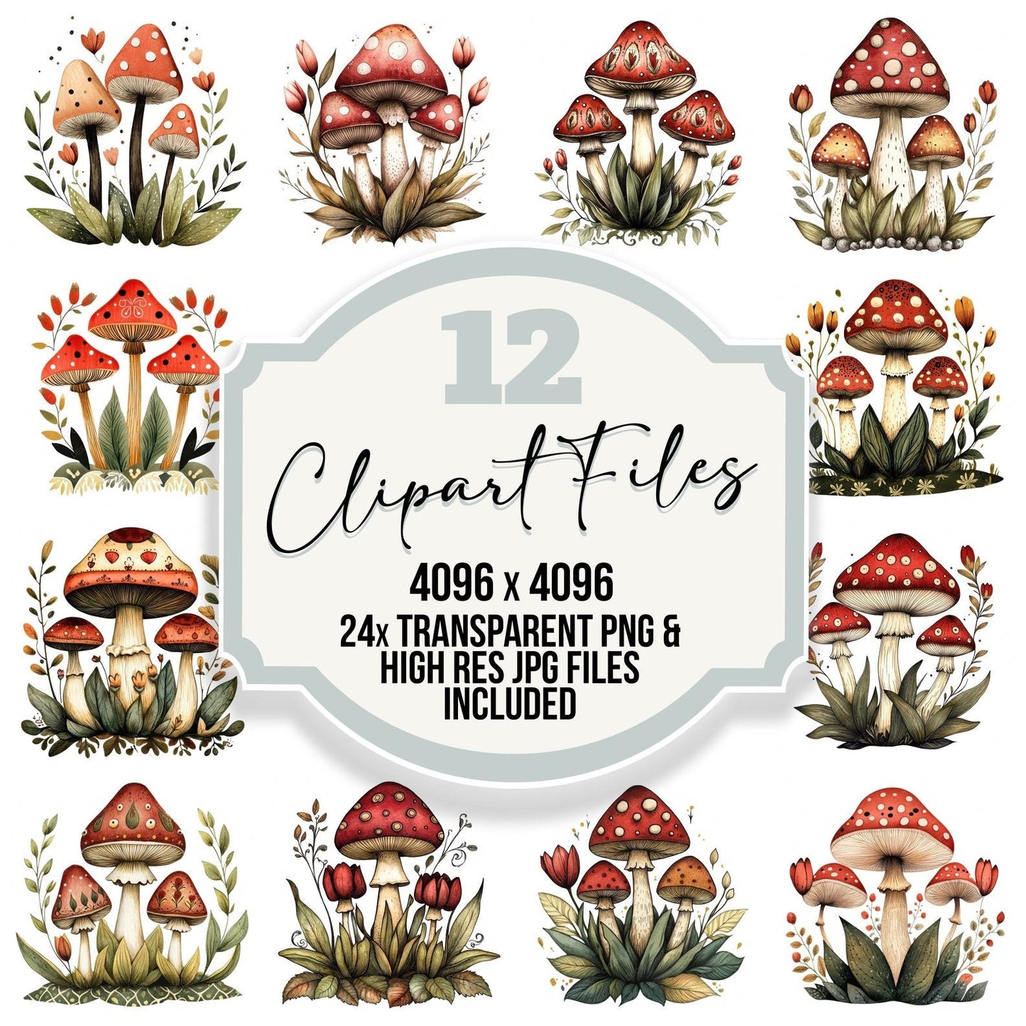Folk Floral Mushrooms Clipart Set (DDD005563)
