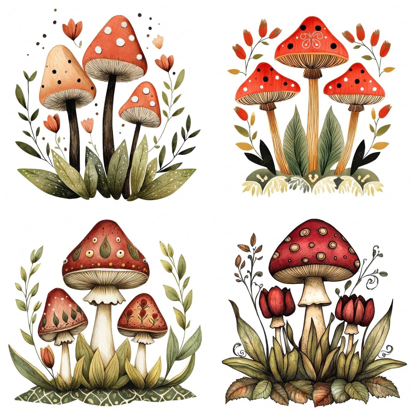 Folk Floral Mushrooms Clipart Set (DDD005563)