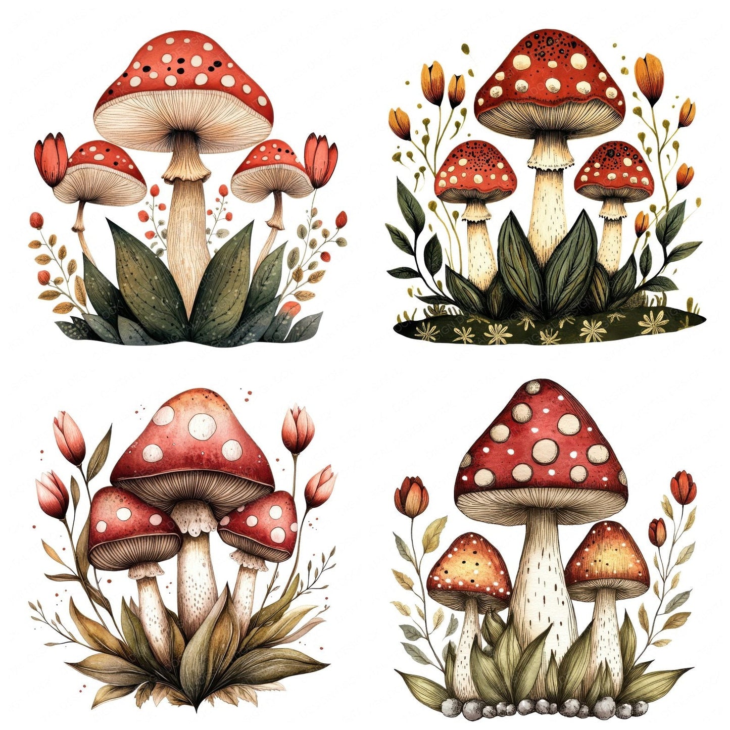 Folk Floral Mushrooms Clipart Set (DDD005563)