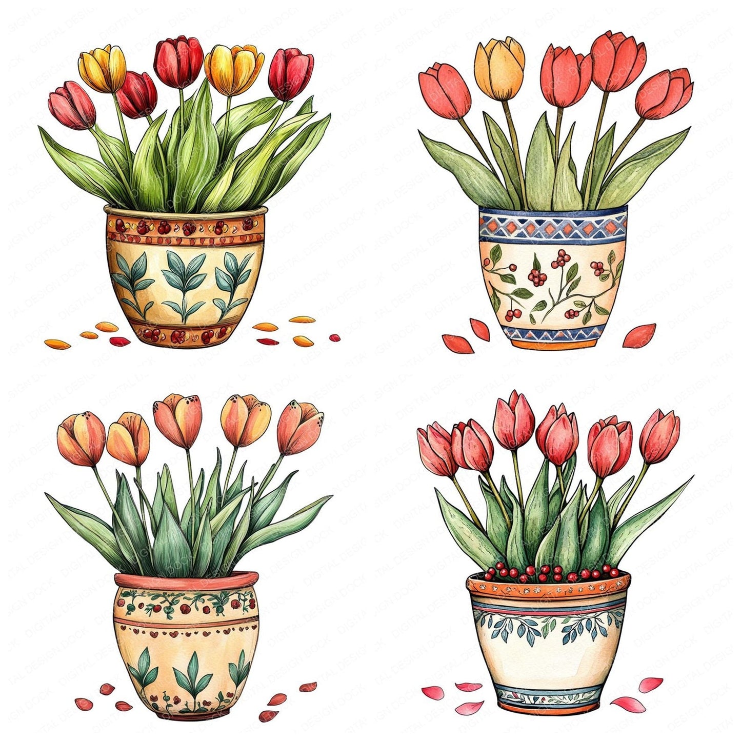Folk Floral Pot Clipart Set (DDD005564)