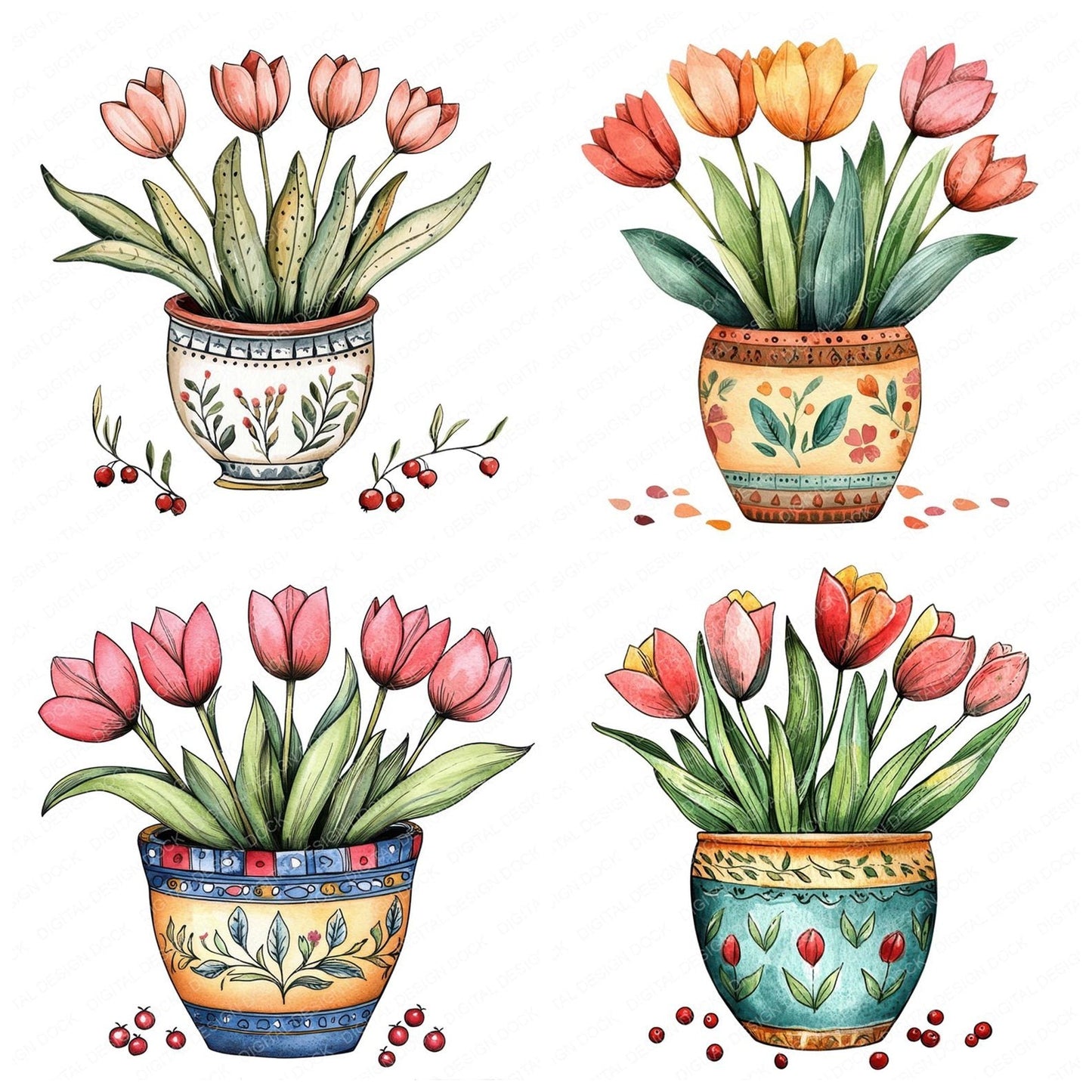 Folk Floral Pot Clipart Set (DDD005564)