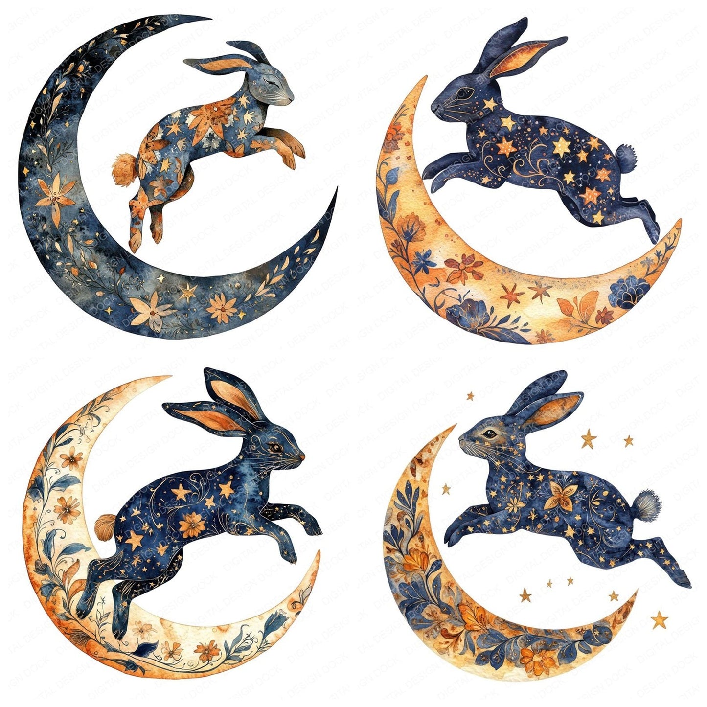 Folk Hare over Moon Clipart Set (DDD005571)