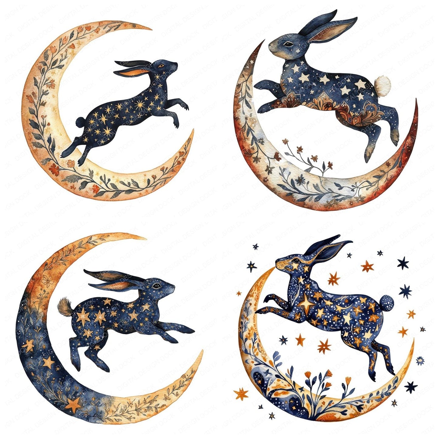 Folk Hare over Moon Clipart Set (DDD005571)