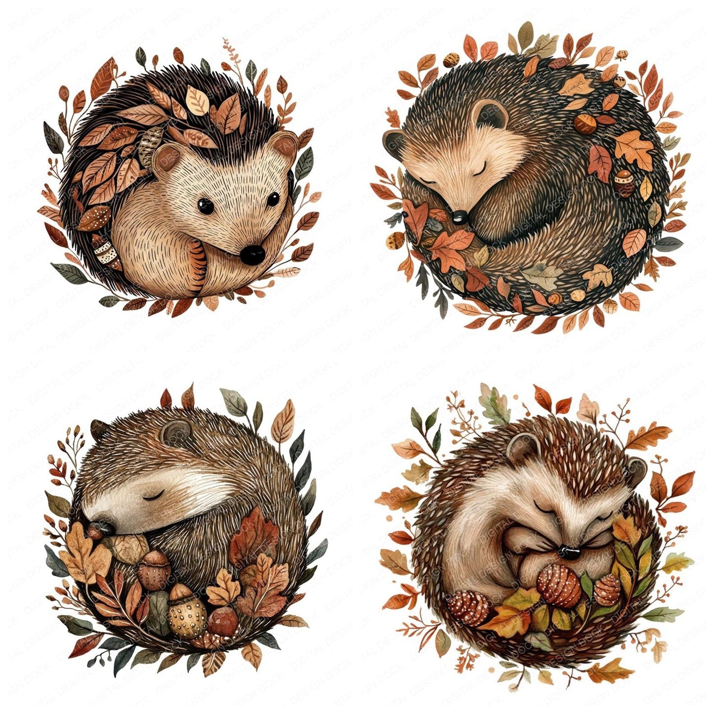 Folk Hedgehog with Leaves Clipart Set (DDD005574)