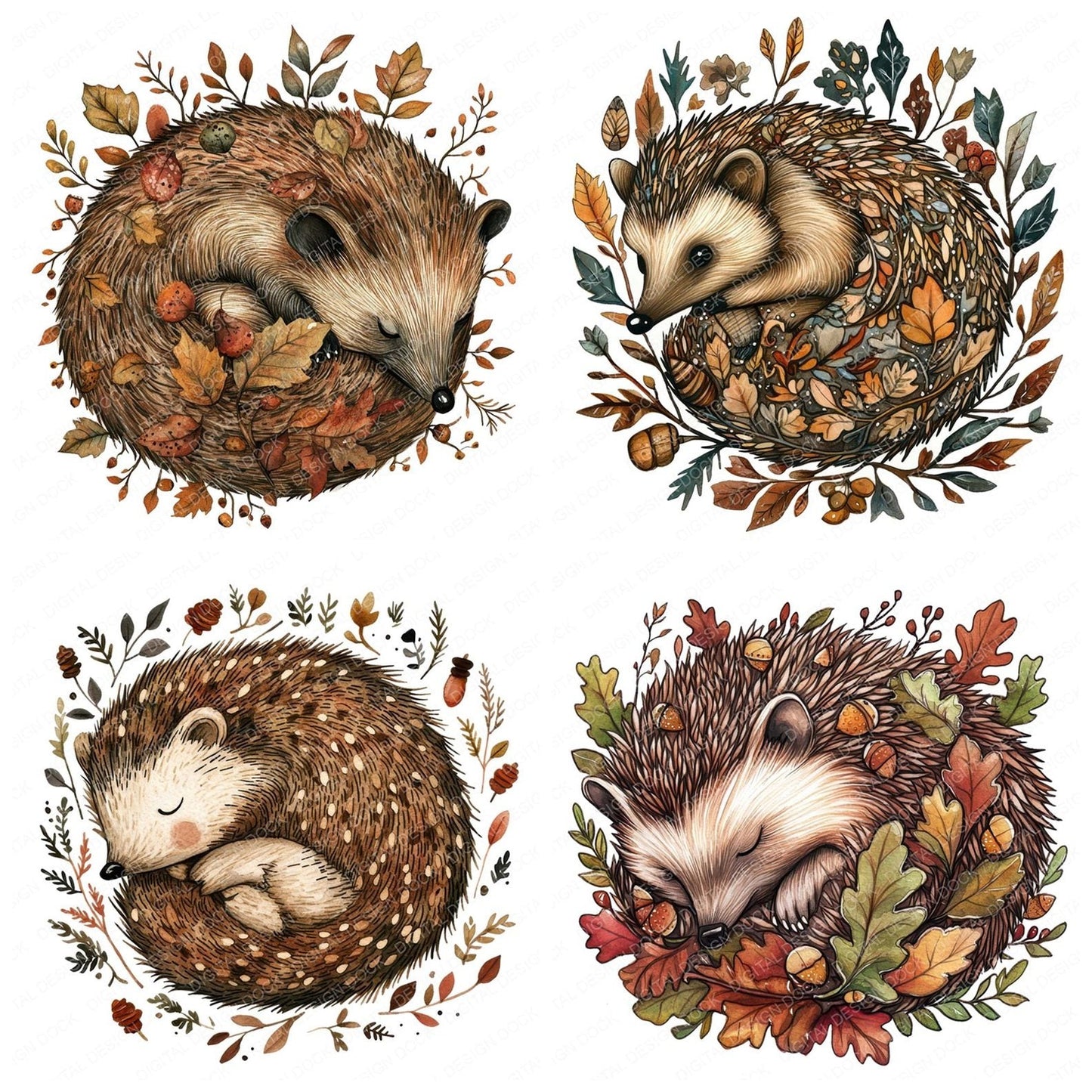 Folk Hedgehog with Leaves Clipart Set (DDD005574)