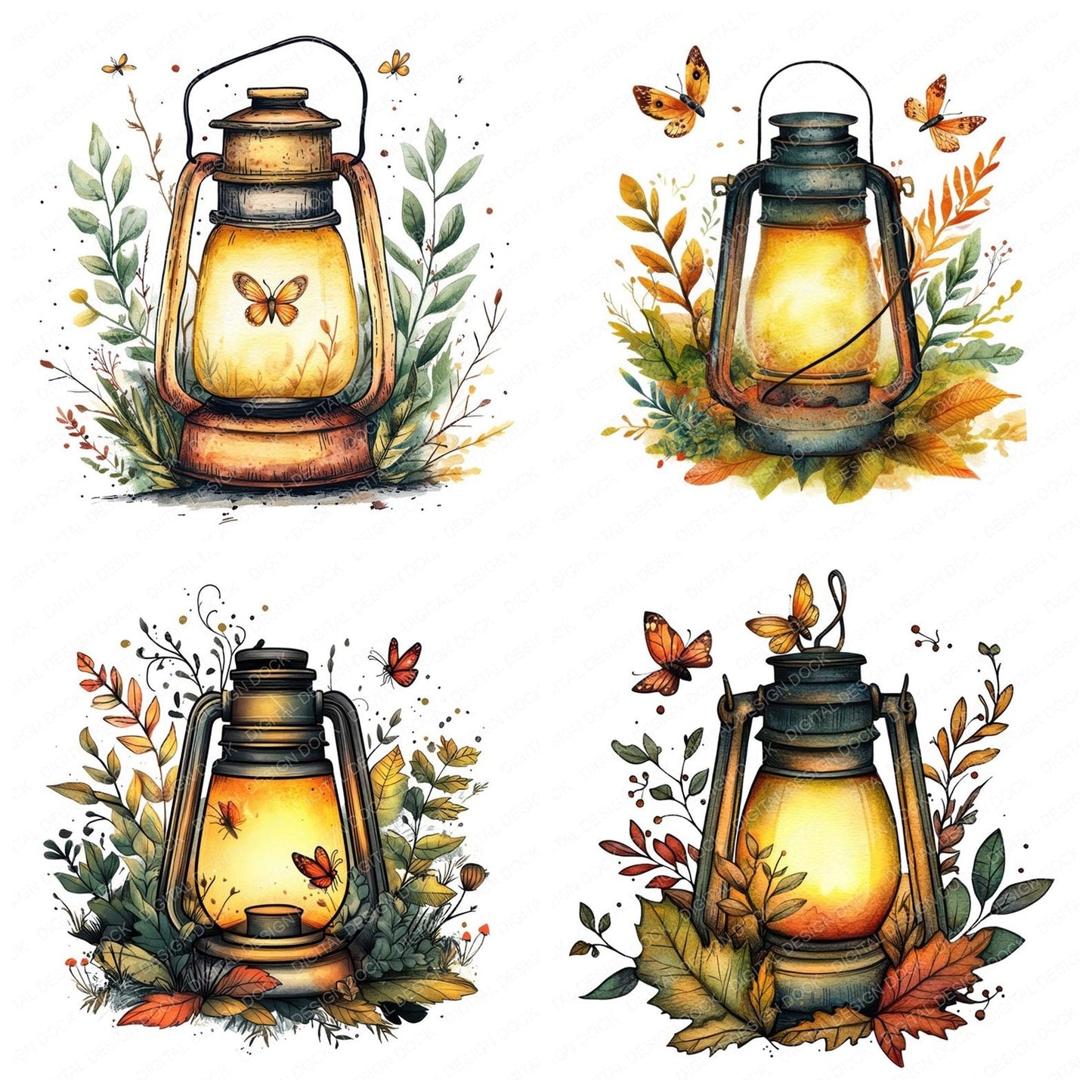 Folk Lantern with Leaves Clipart Set (DDD005585)
