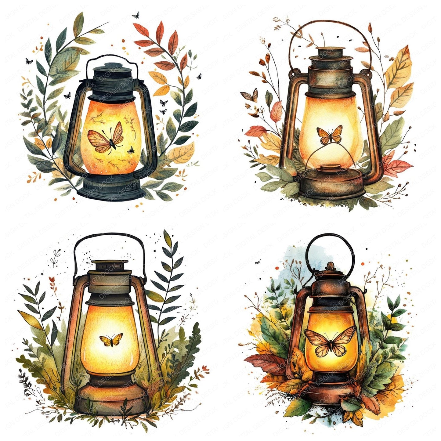 Folk Lantern with Leaves Clipart Set (DDD005585)