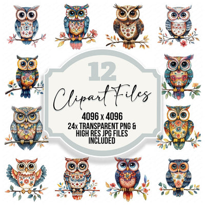 Folk Owl on Branch clipart set cover showing the designs and file details