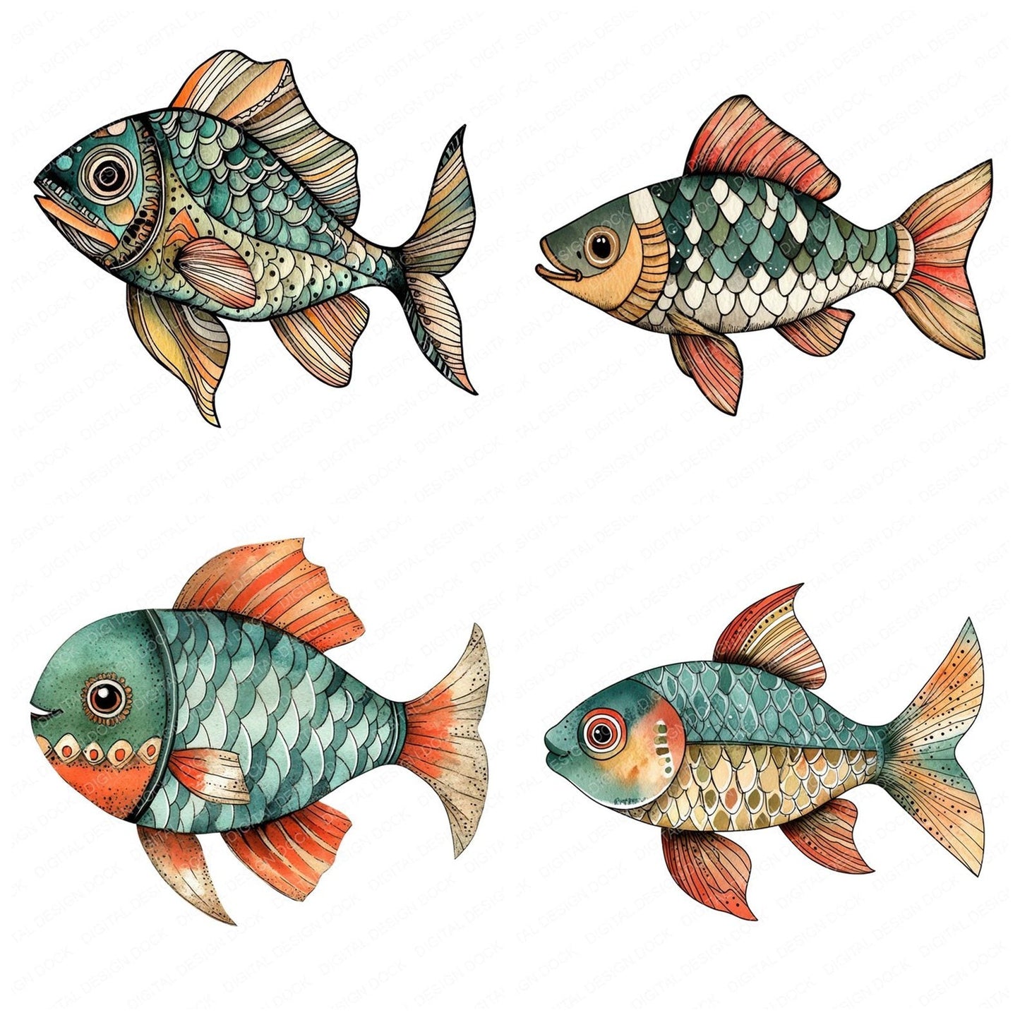 Folk Patterned Fish Clipart Set (DDD005600)