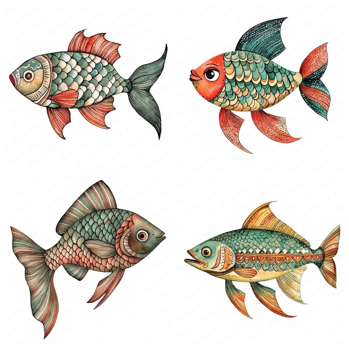 Folk Patterned Fish Clipart Set (DDD005600)