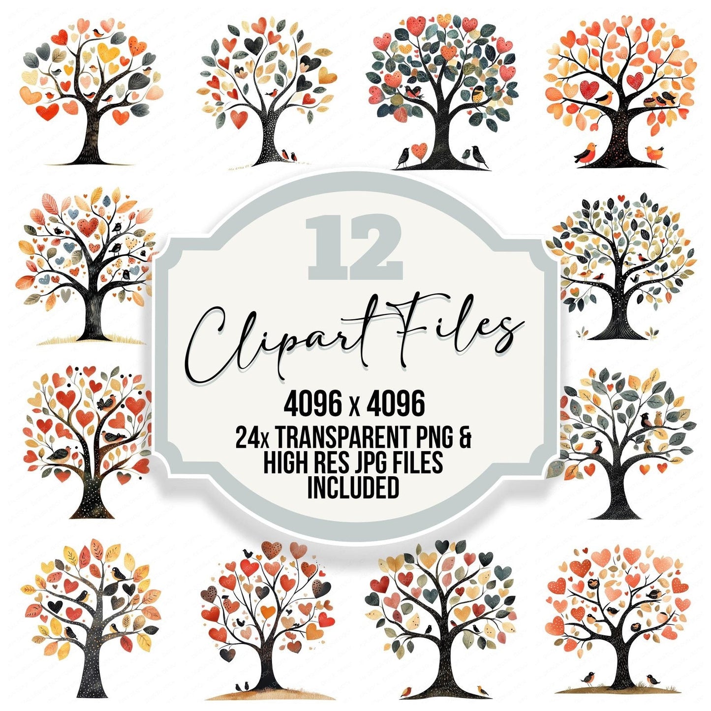 Folk Tree with Birds Clipart Set (DDD005627)