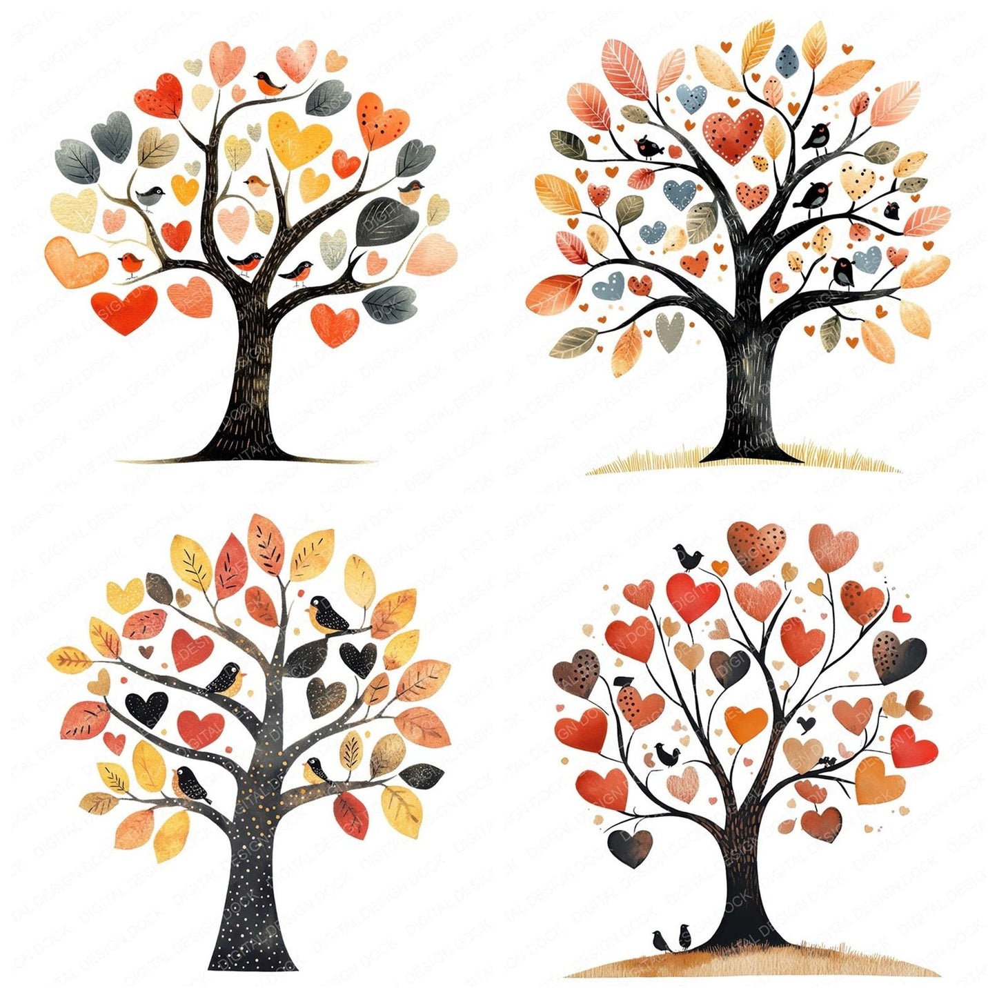 Folk Tree with Birds Clipart Set (DDD005627)