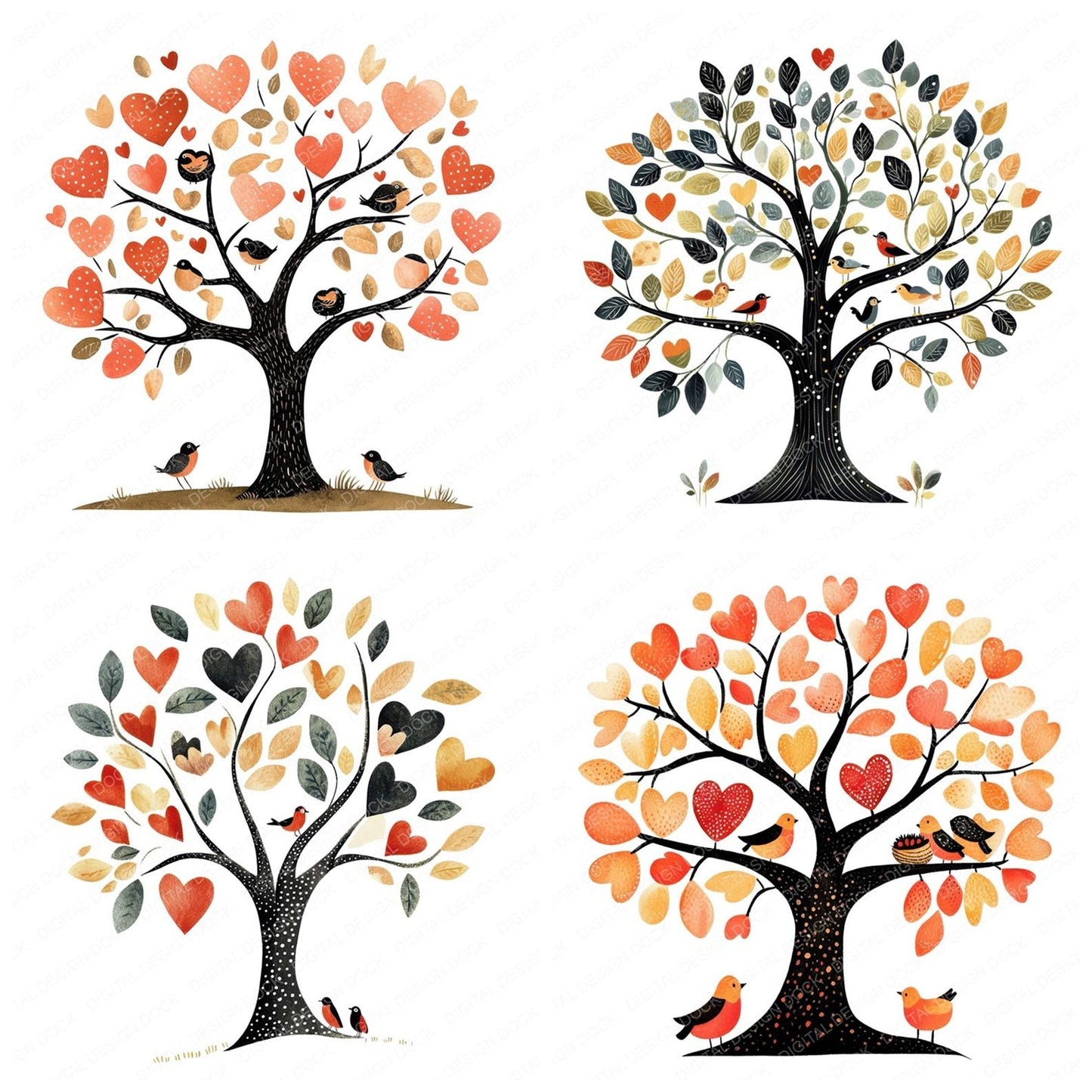 Folk Tree with Birds Clipart Set (DDD005627)