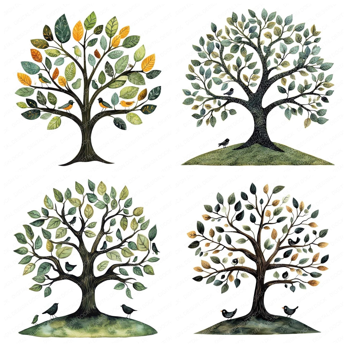 Folk Tree with Birds Clipart Set (DDD005628)