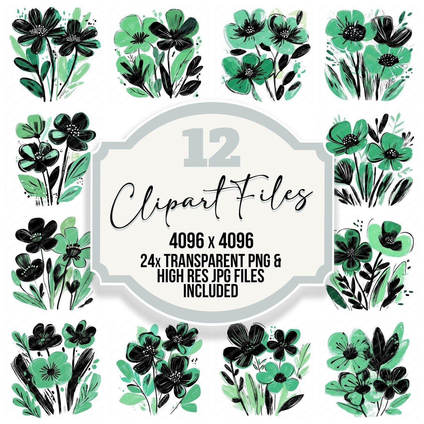Forest Green Abstract Flowers Clipart Set (DDD005635)
