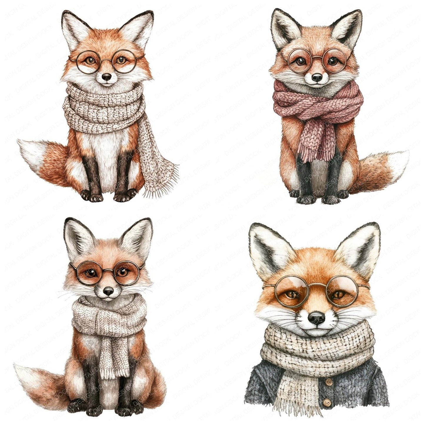 Fox in Scarf and Glasses Clipart Set (DDD005645)
